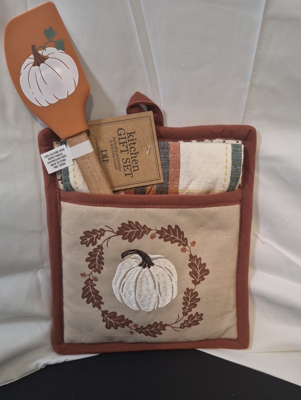 DII Autumn Pumpkin Potholder Gift Set, Brown & White Plaid Nwt